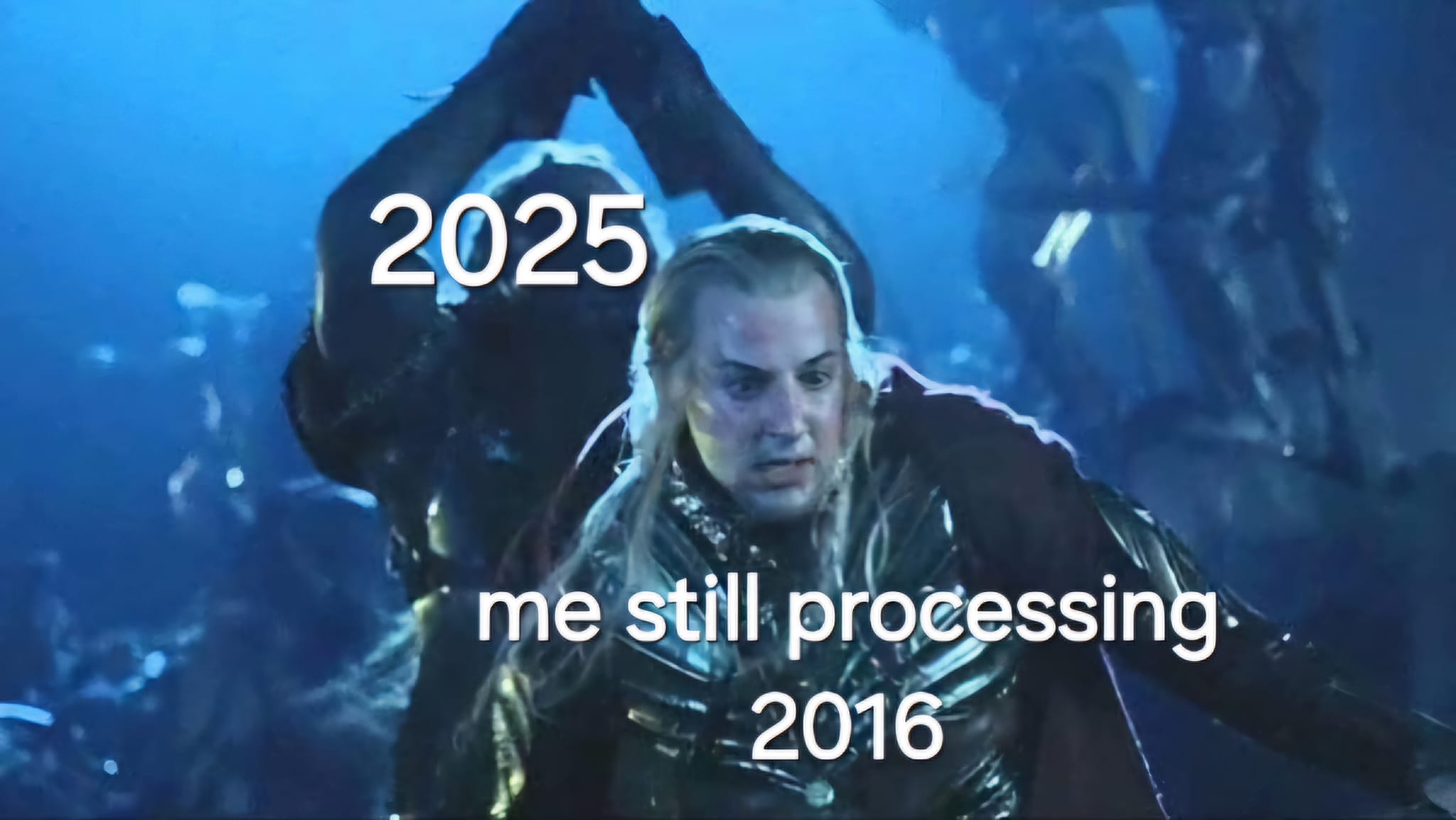 This meme is a humorous commentary on the passage of time and how our perception of it changes. The image shows a character from a fantasy movie, with the text "2016" and "2025" overlaid on his face. The text "me still processing 2016" is written in a playful, self-deprecating tone, implying that the speaker is still struggling to catch up with the rapid pace of modern life.